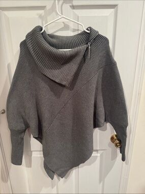 White House Black Market Gray Ribbed Asymmetric Zip-Turtleneck Sweater